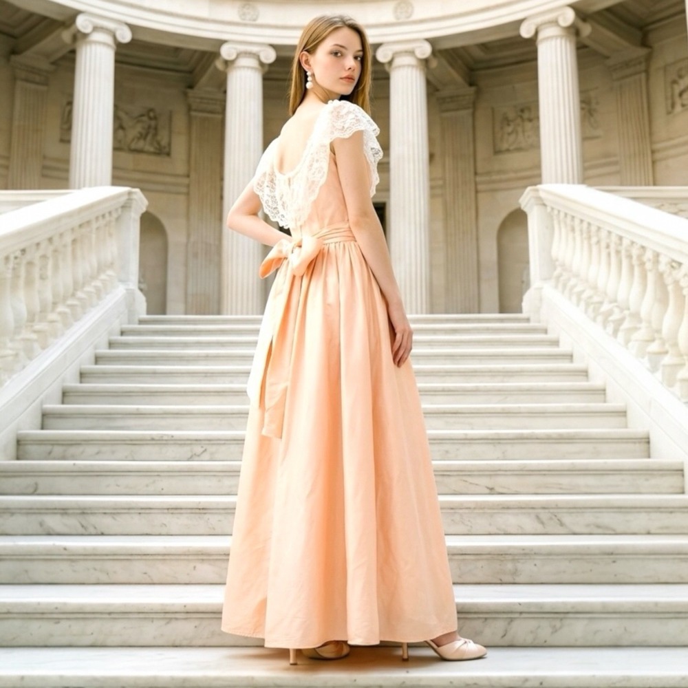 Jessica McClintock Bridal Vintage Peach Lace Bow Back Formal Gown Dress